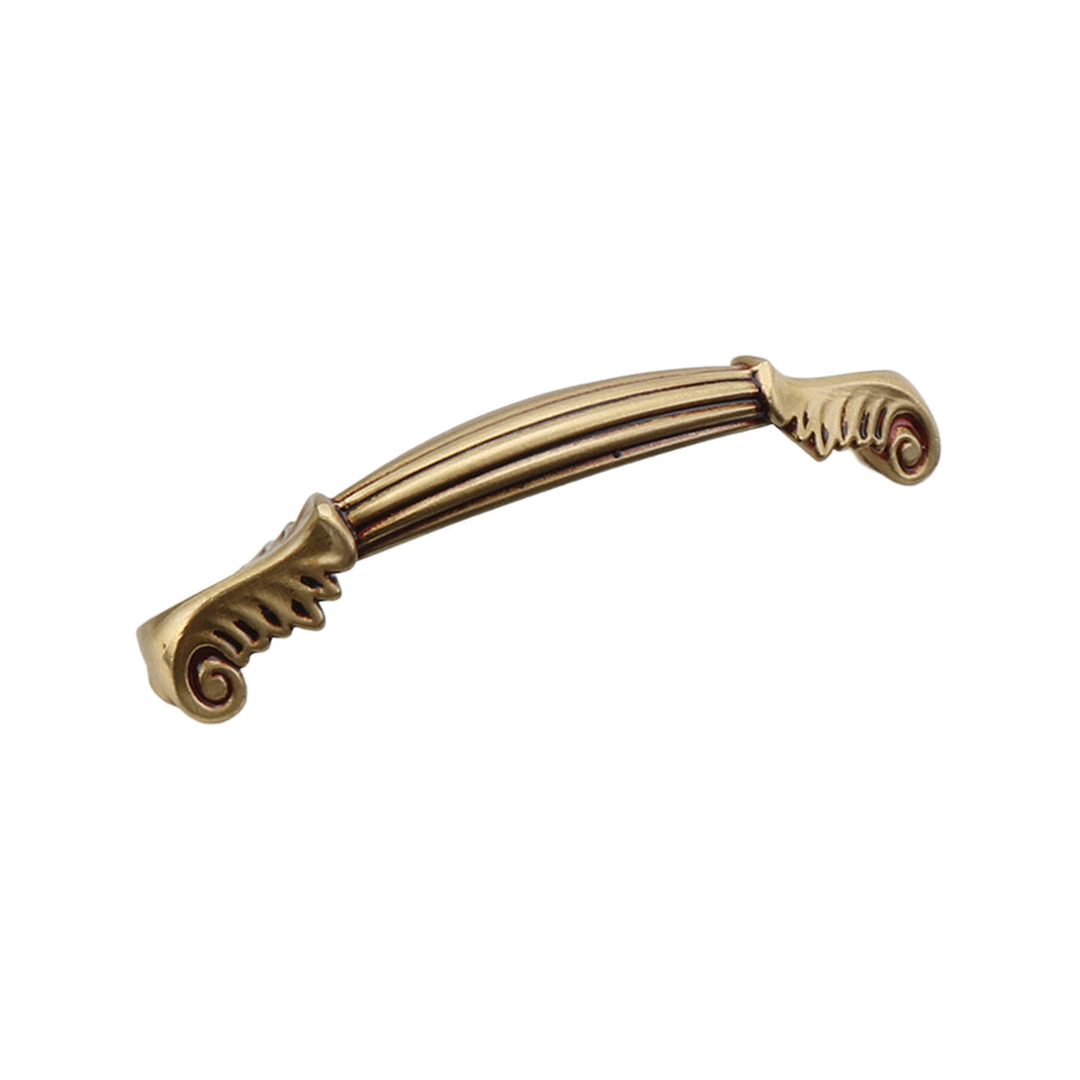 Rose gold-tone arched bridge pull with a fluted bar and scroll ends, 107 mm.