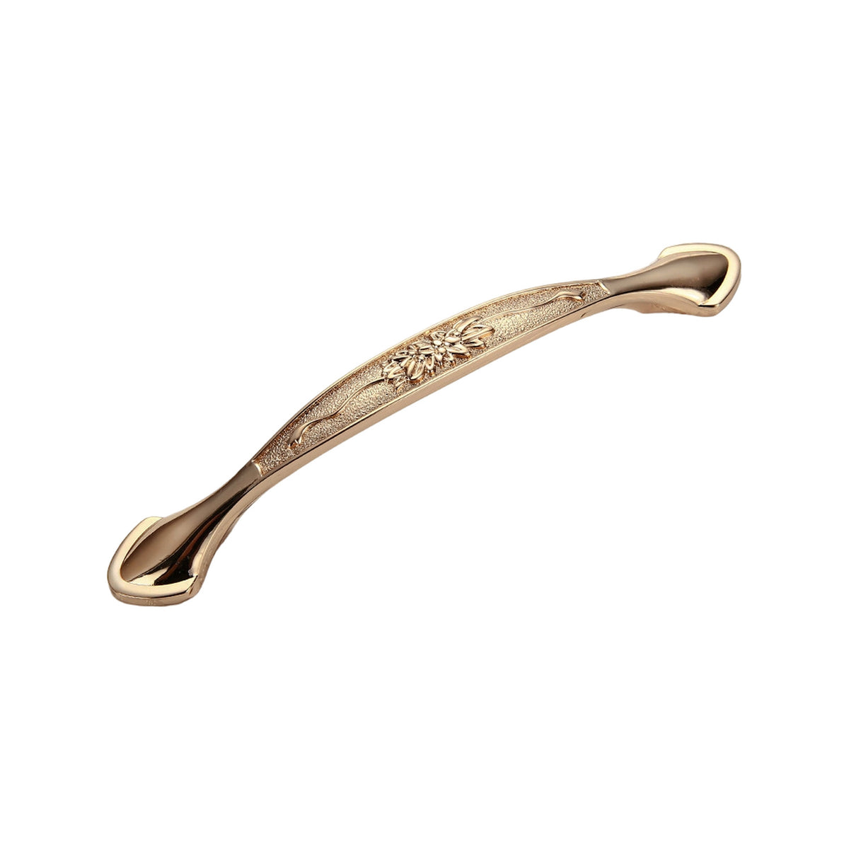 Rose gold-tone tapered bridge pull with an engraved floral center, option No. 5, 128 mm.