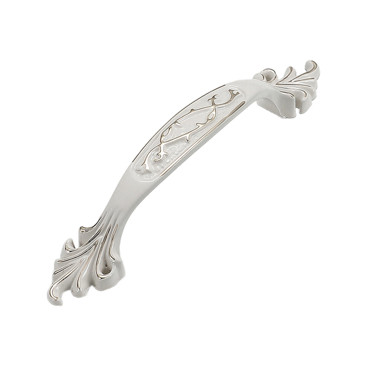 White arched bridge pull with vine engraving and fan-shaped ends, option No. 19, 96 mm.