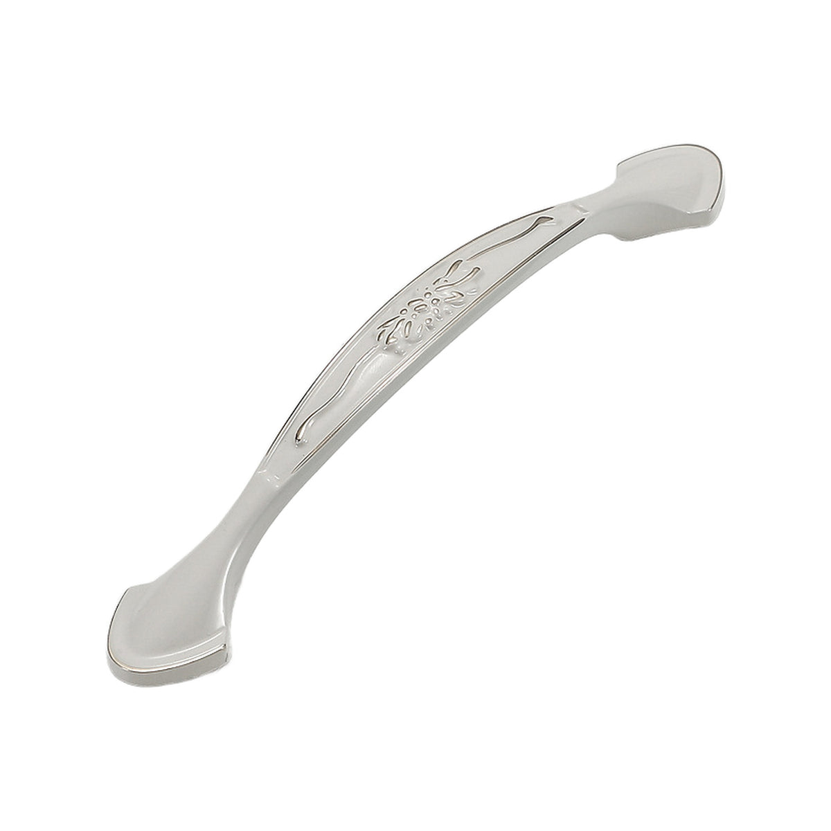 White arched bridge pull with a vine motif and flared feet, option No. 13, 128 mm.