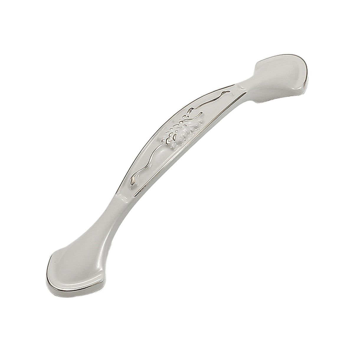 White arched bridge pull with a vine motif and flared feet, option No. 13, 96 mm.