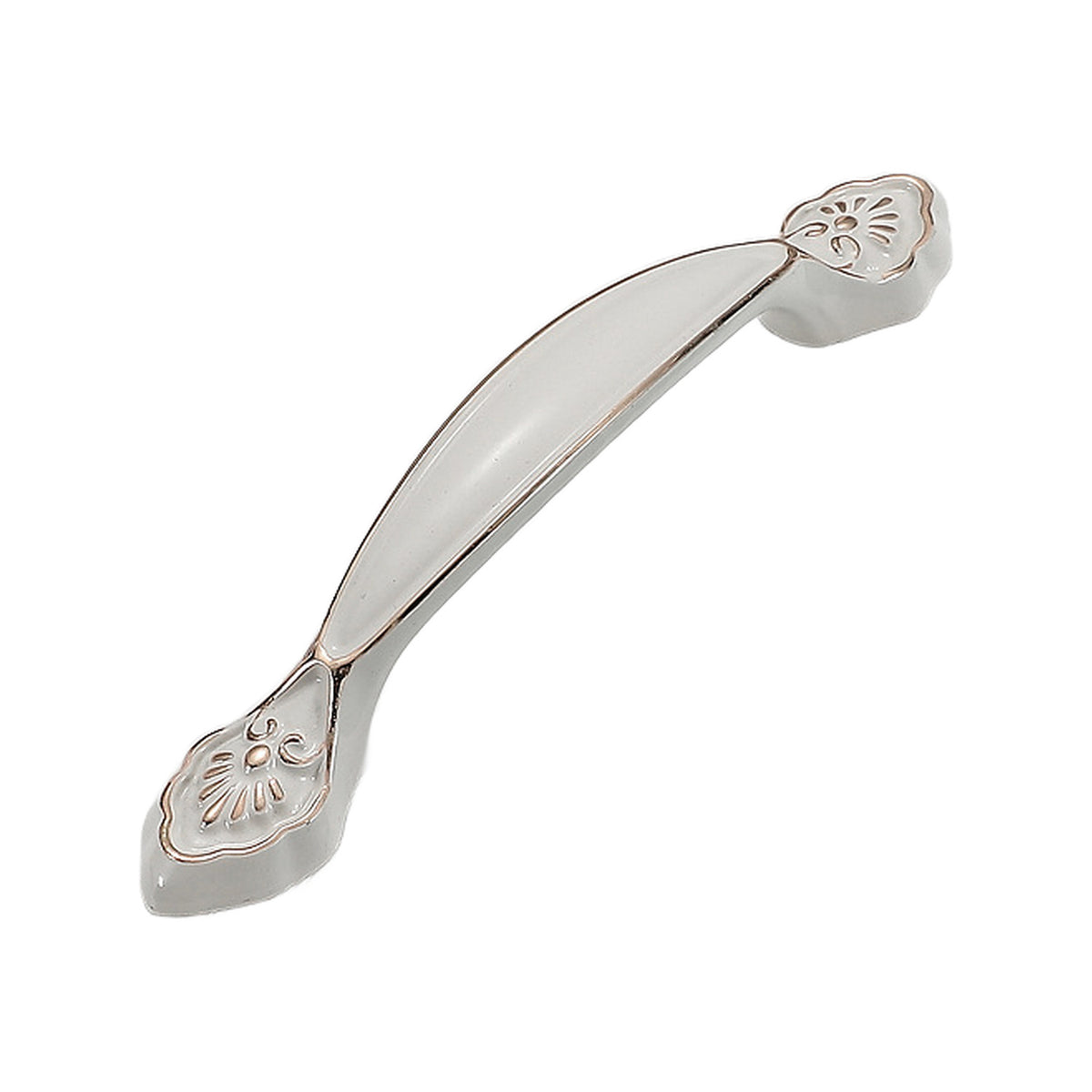 White curved bridge pull with floral rosette ends, option No. 14, 96 mm.