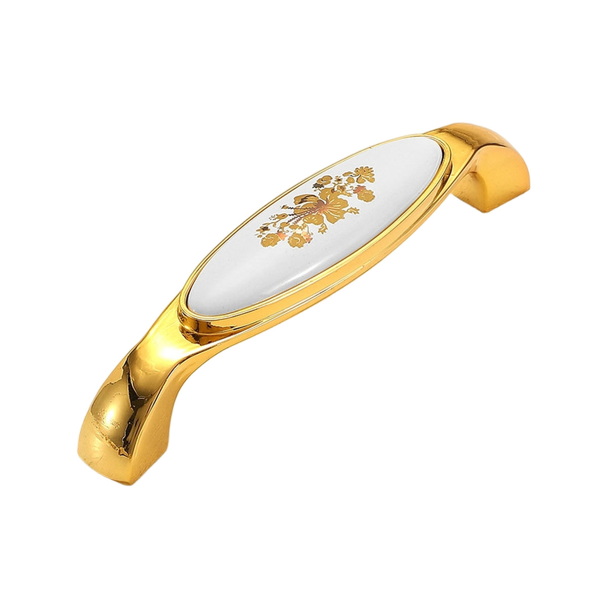 Curved gold-tone bridge pull with a white floral inset, option #7, 128 mm.