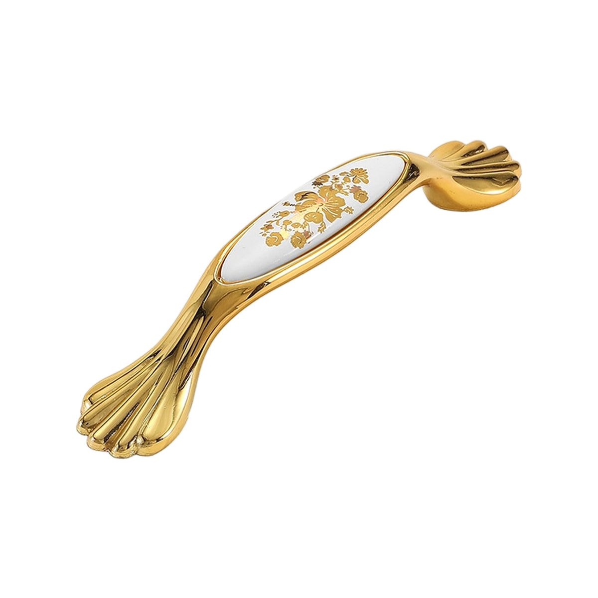 Gold-tone bridge pull with a white floral inset and fan-shaped ends, option #5, 96 mm.