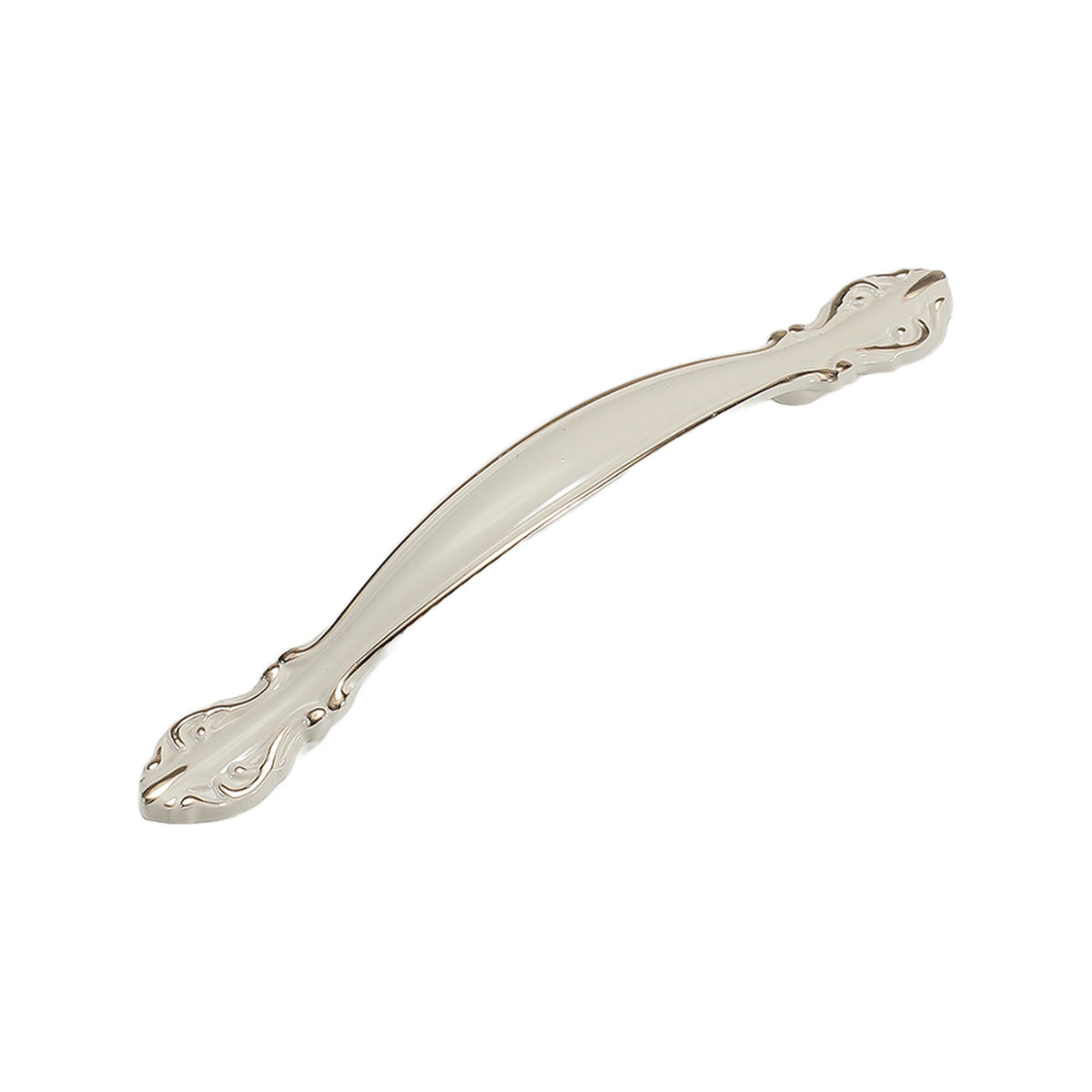 White slender arched bridge pull with floral end details, option No. 10, 128 mm.