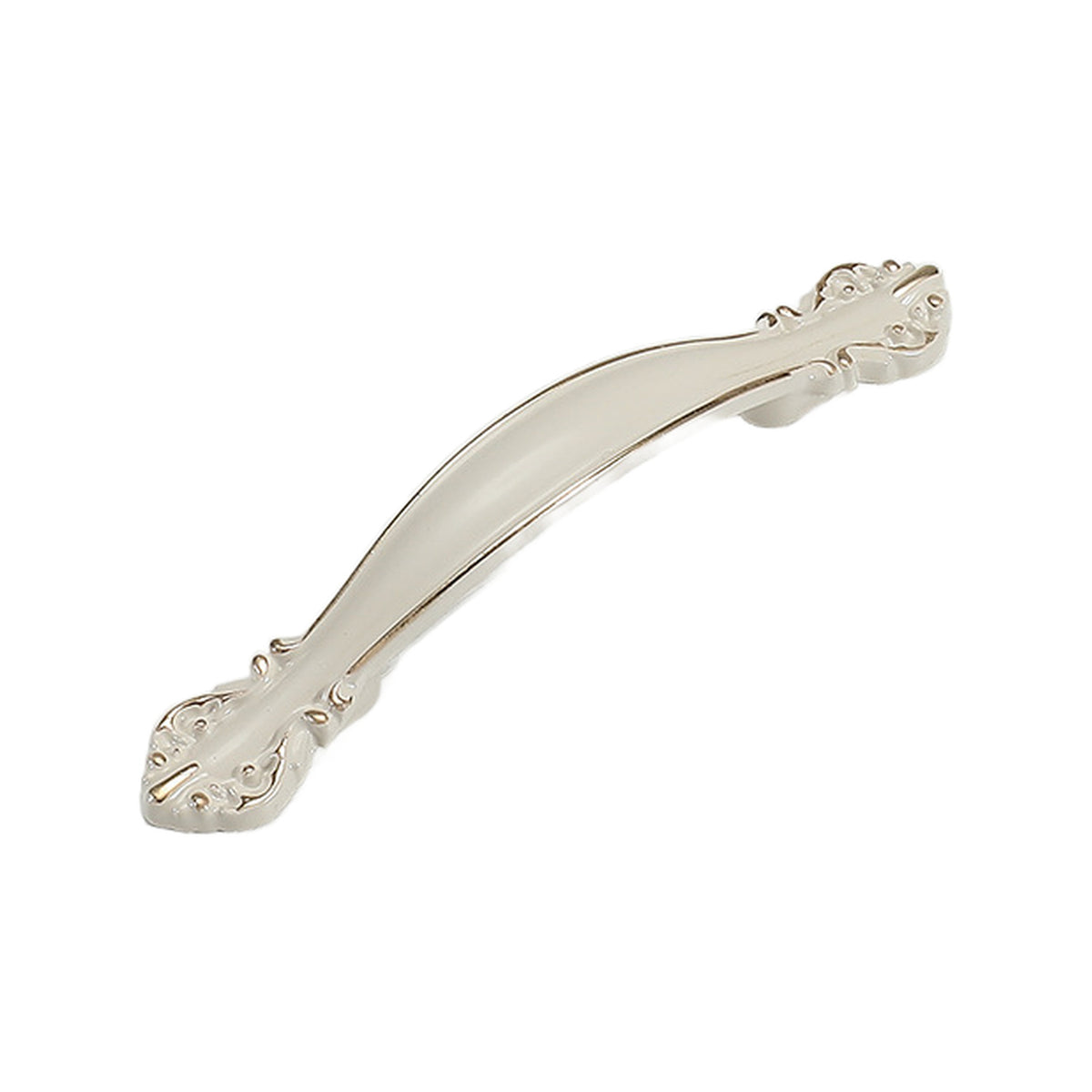 White slender arched bridge pull with floral end details, option No. 10, 64 mm.