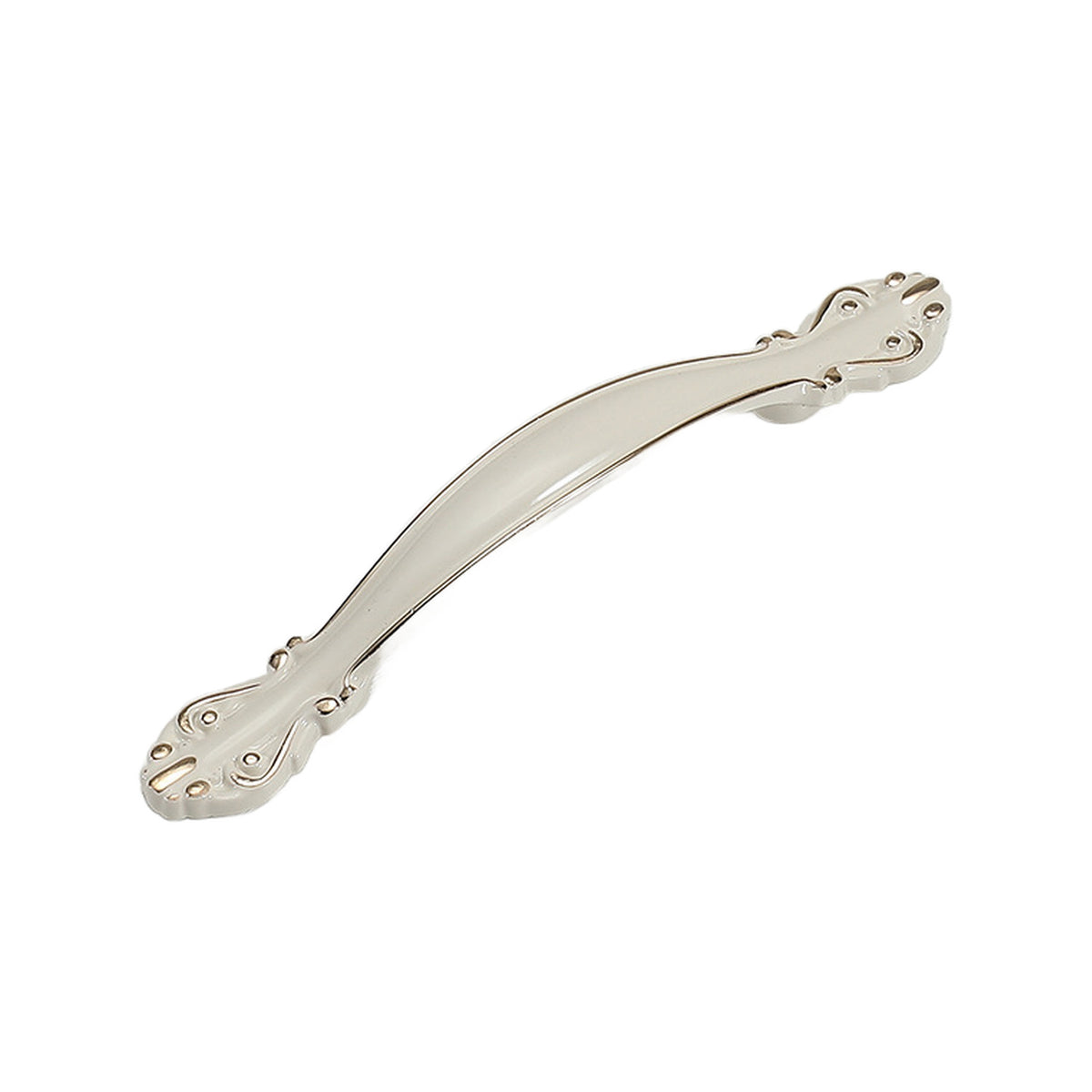 White slender arched bridge pull with floral end details, option No. 10, 96 mm.
