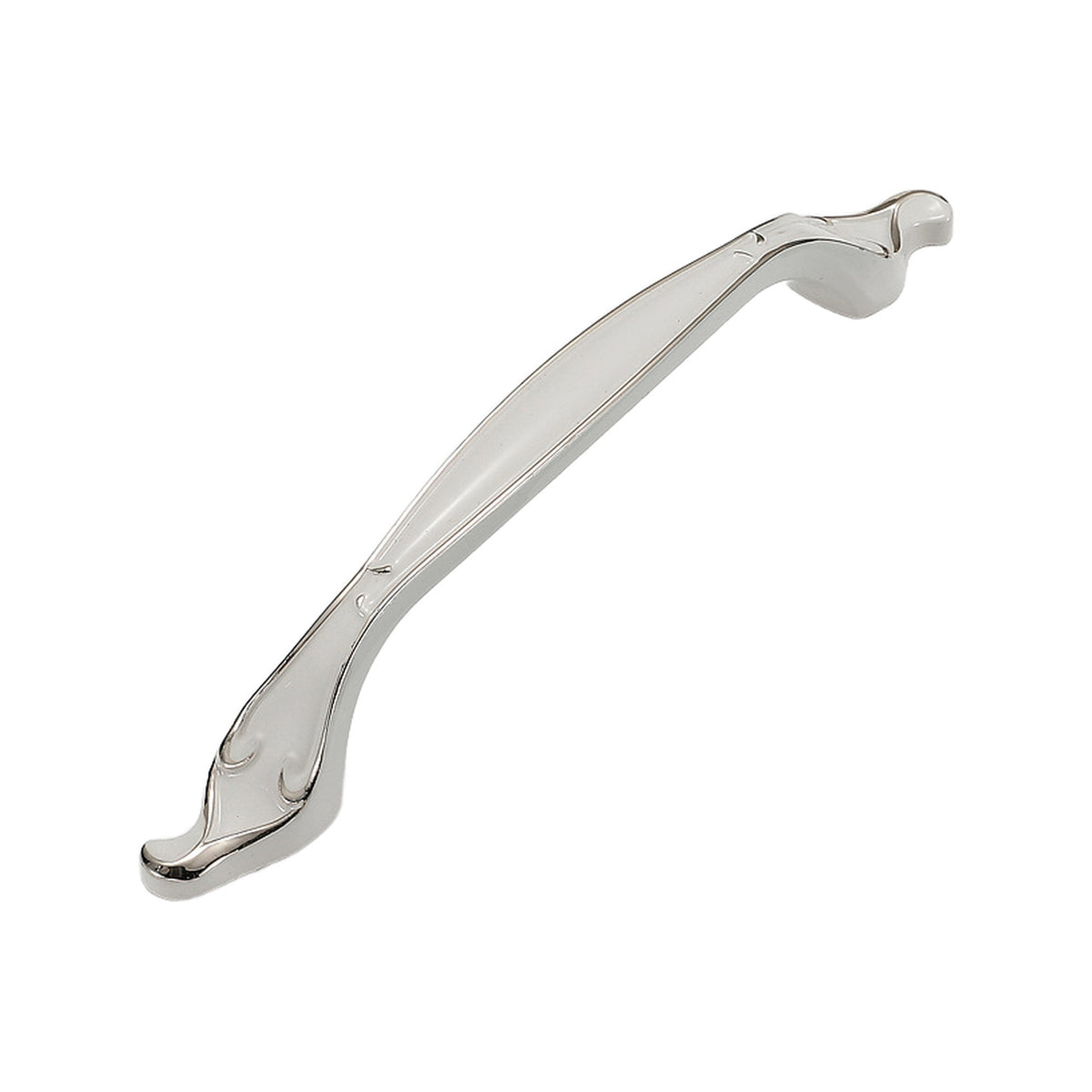 White curved bridge pull with swept ends and subtle vine detail, option No. 15, 128 mm.