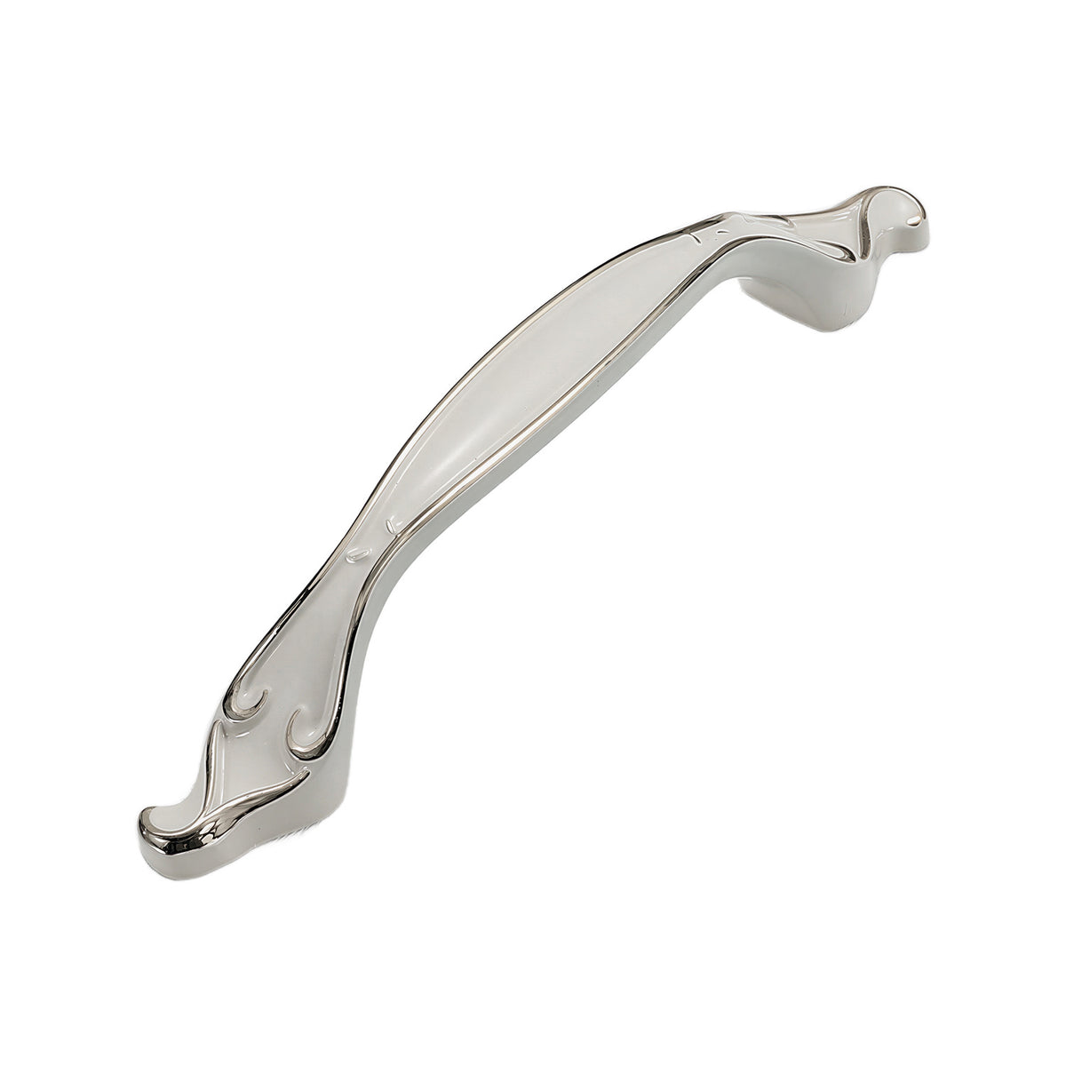 White curved bridge pull with swept ends and subtle vine detail, option No. 15, 96 mm.