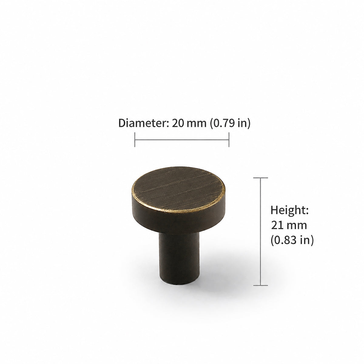 Measurements for bronze-finish solid brass round cabinet knob, style #1 (20 mm).