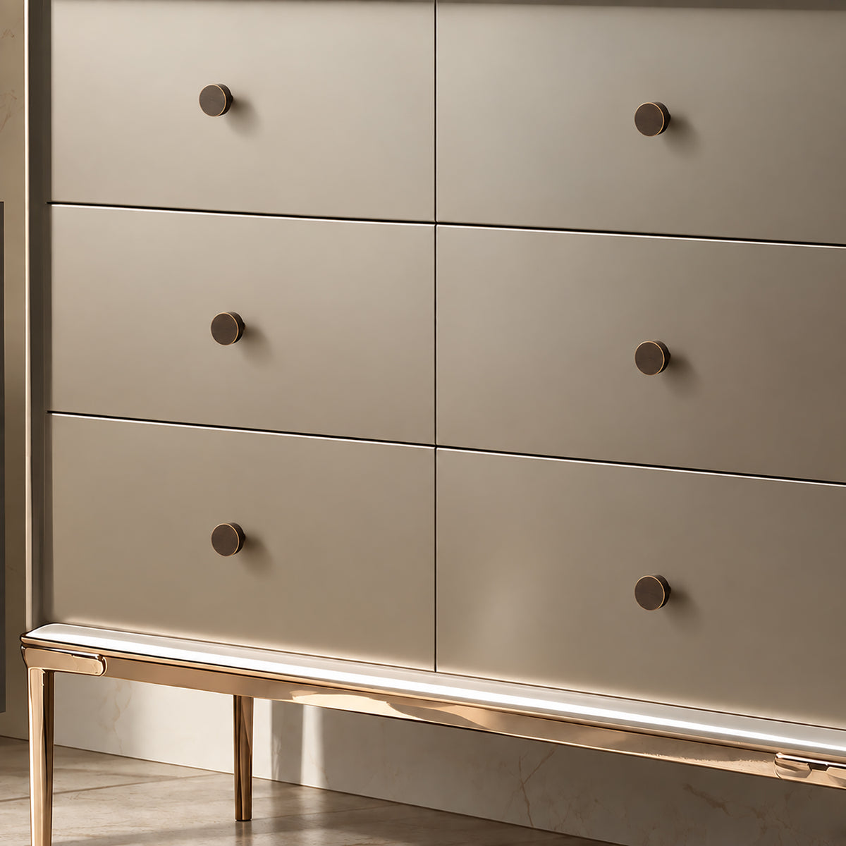 Bronze-finish solid brass round cabinet knob, style #1 (20 mm) shown in a styled setting.