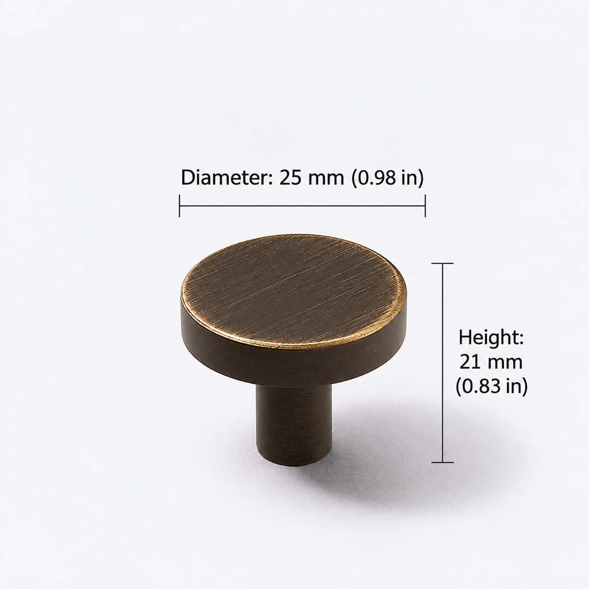 Measurements for bronze-finish solid brass round cabinet knob, style #1 (25 mm).
