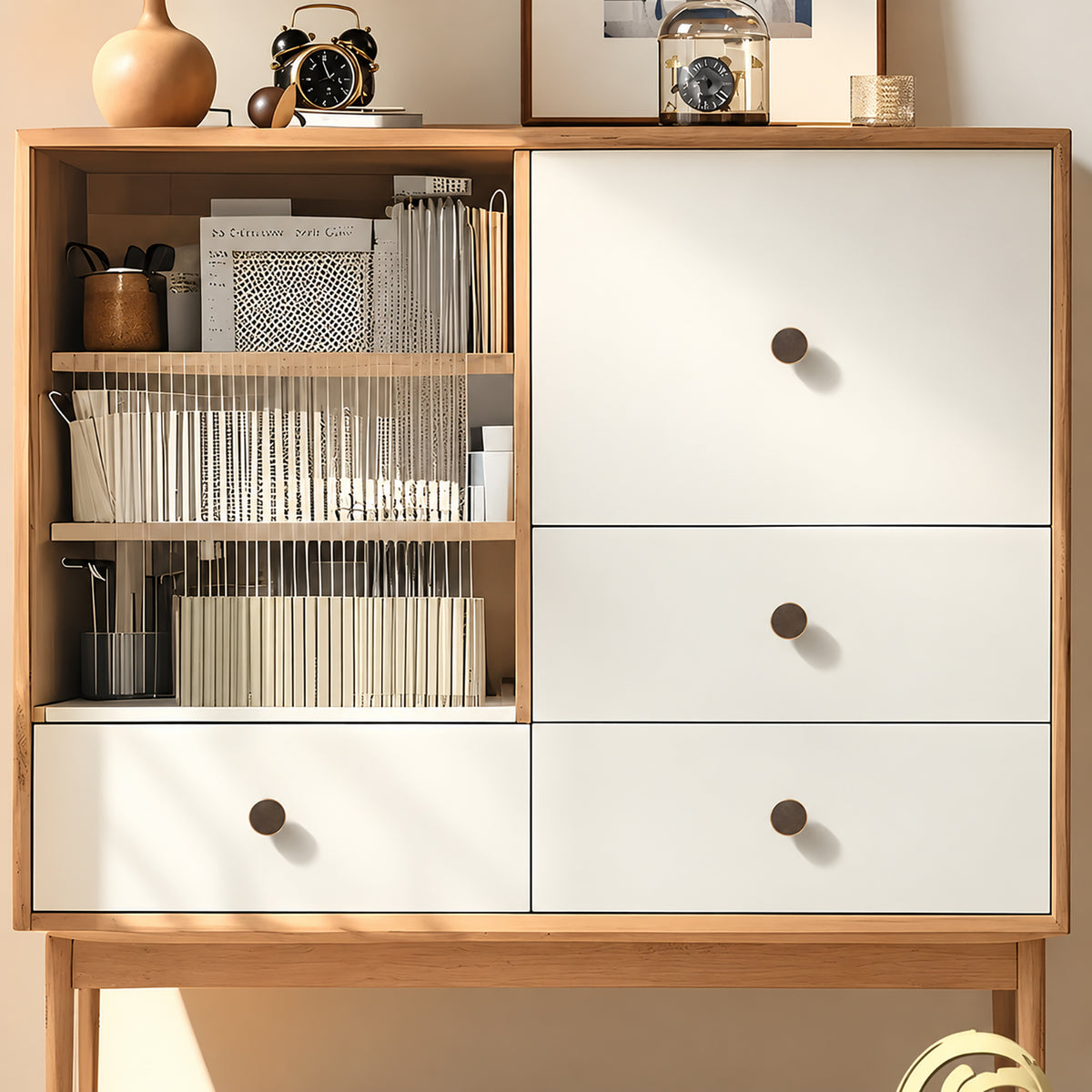 Bronze-finish solid brass round cabinet knob, style #1 (25 mm) shown in a styled setting.