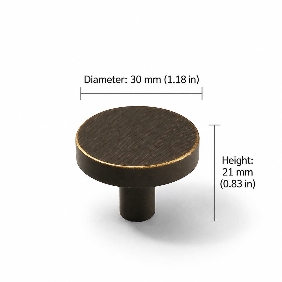 Measurements for bronze-finish solid brass round cabinet knob, style #1 (30 mm).