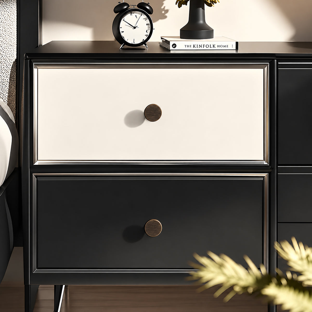 Bronze-finish solid brass round cabinet knob, style #1 (30 mm) shown in a styled setting.