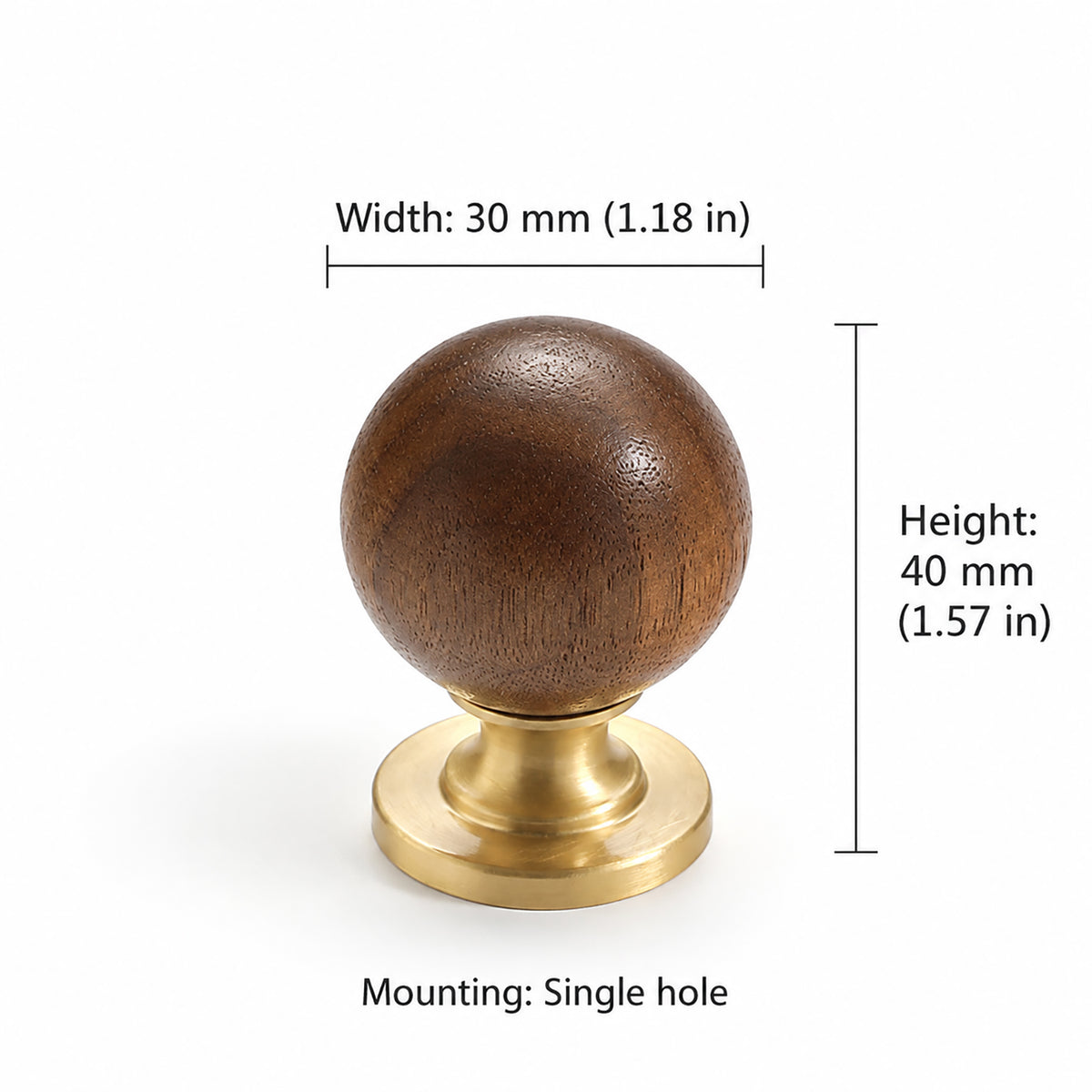 Measurements for dark wood ball cabinet knob on a brass pedestal, style #1 (30 mm).