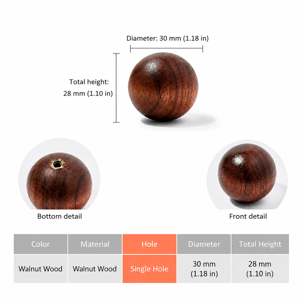 Measurements for round walnut wood cabinet knob, style #1 (30 mm).