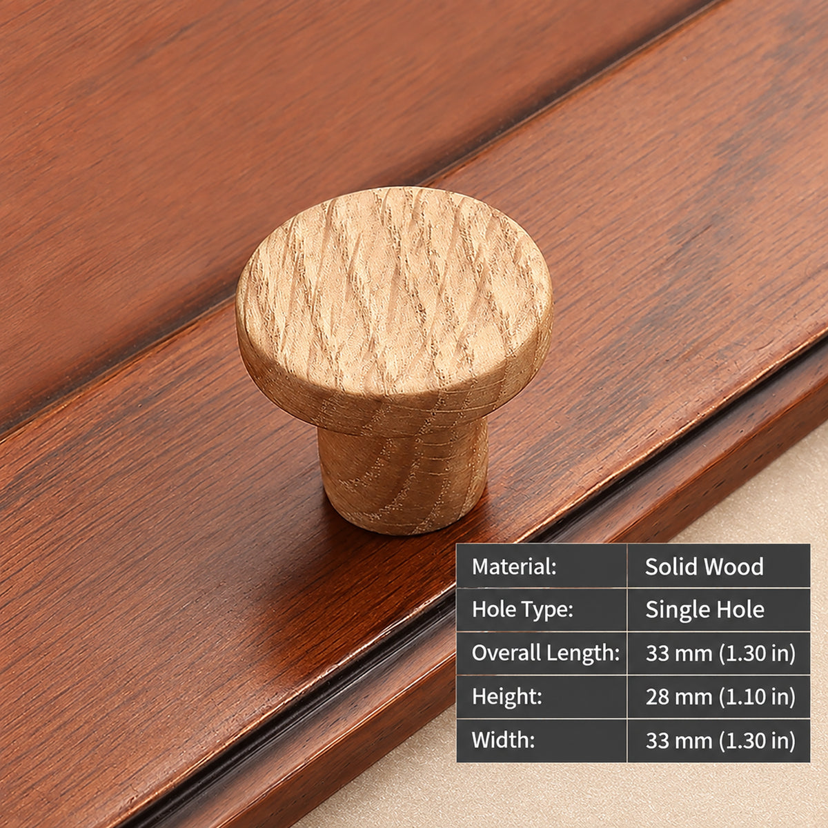 Measurements for flat round white oak cabinet knob, style #1 (33 mm).