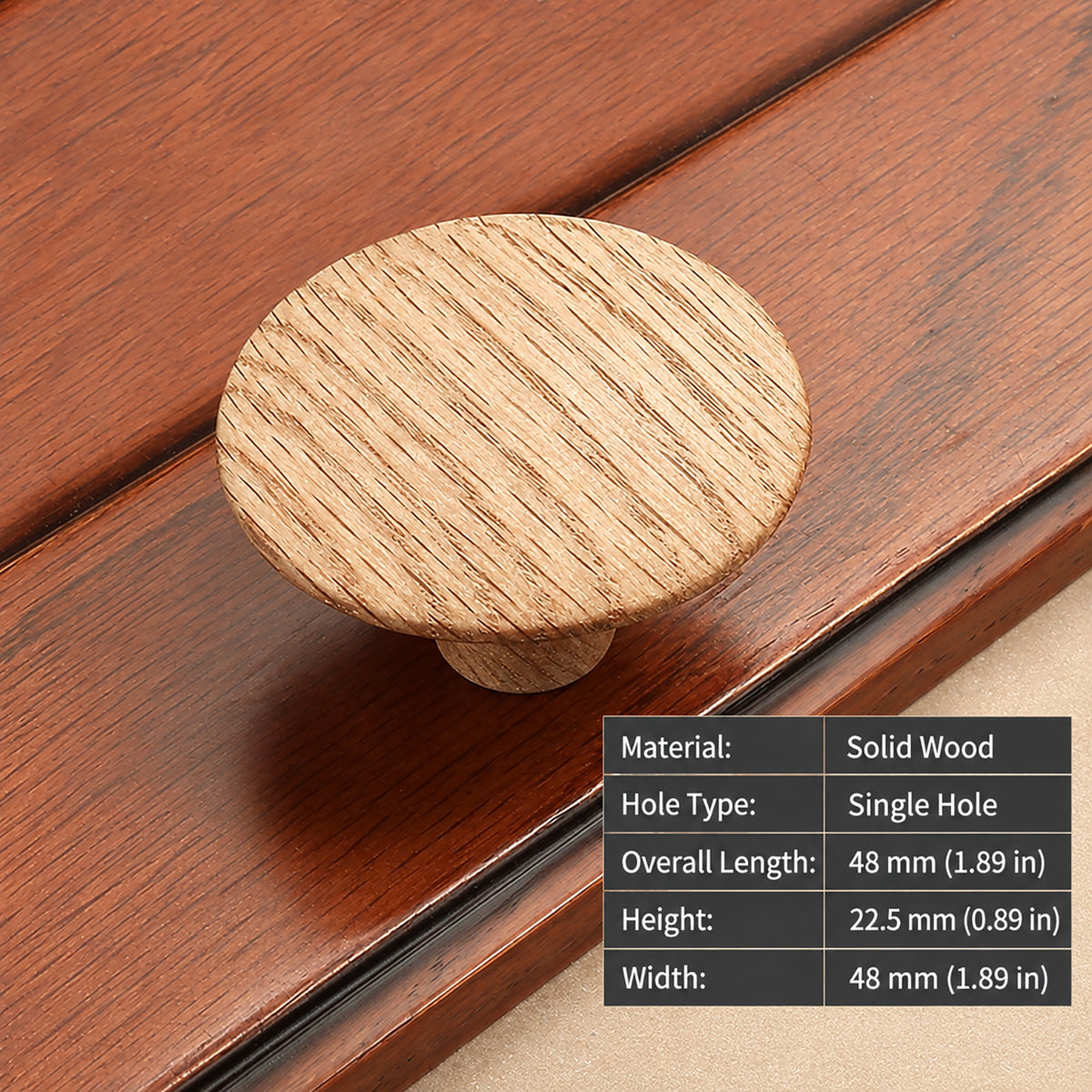 Measurements for flat round white oak cabinet knob, style #1 (48 mm).