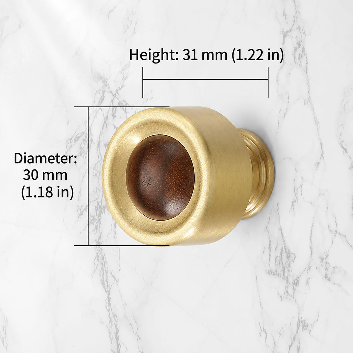 Measurements for brass cup cabinet knob with a dark wood ball inset, style #1.