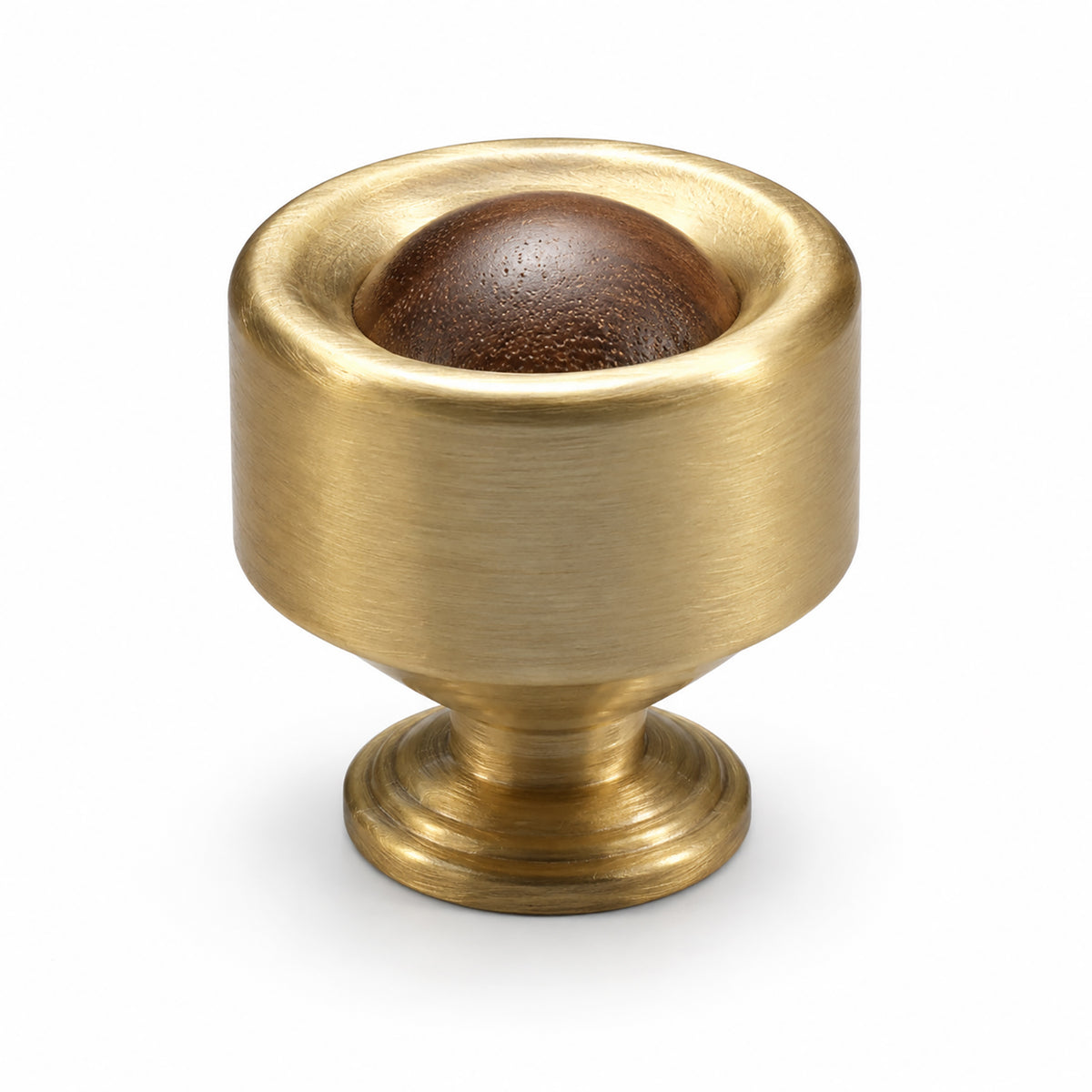 Brass cup cabinet knob with a dark wood ball inset, style #1.