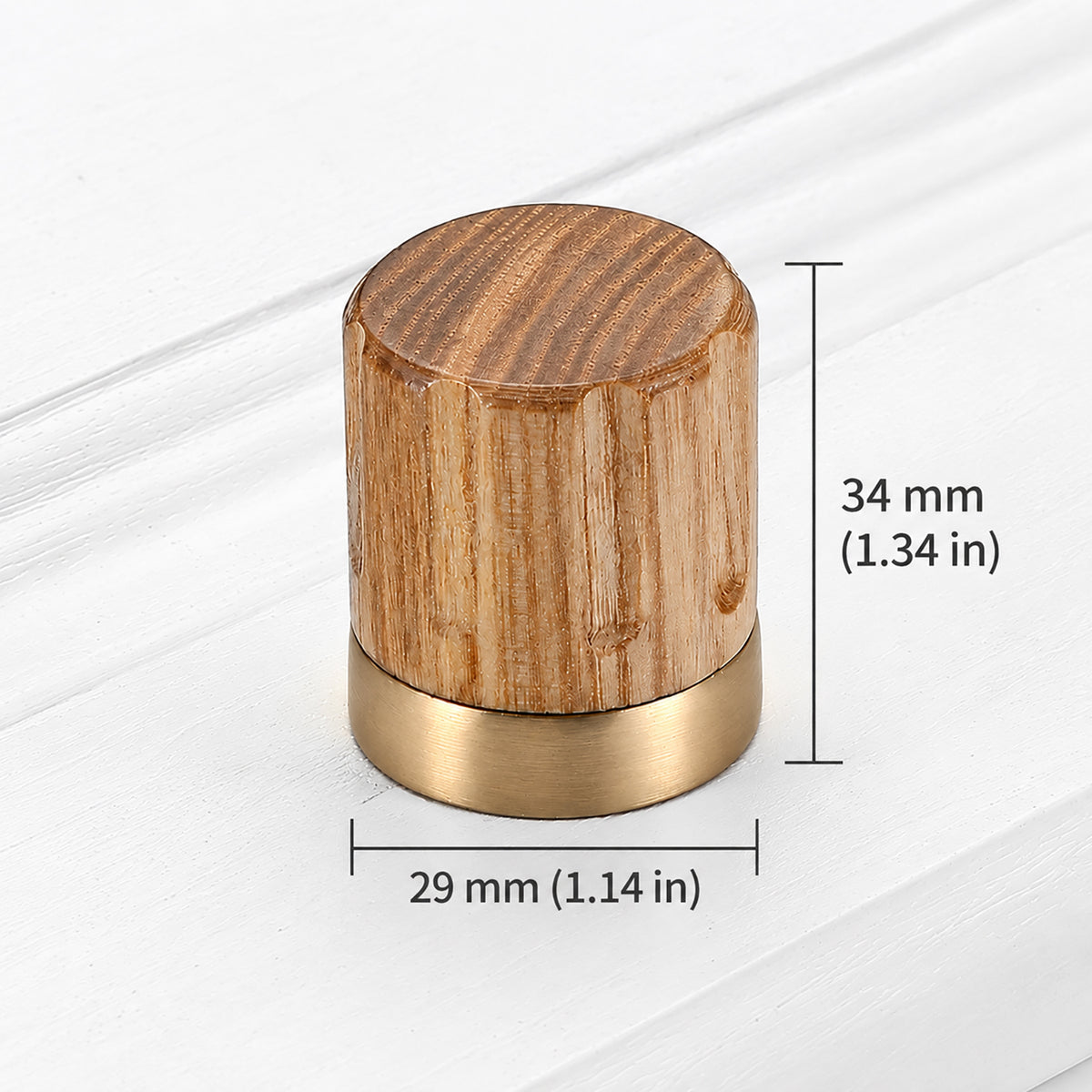 Oak wood barrel cabinet knob with brass base, 29 mm wide and 34 mm high.