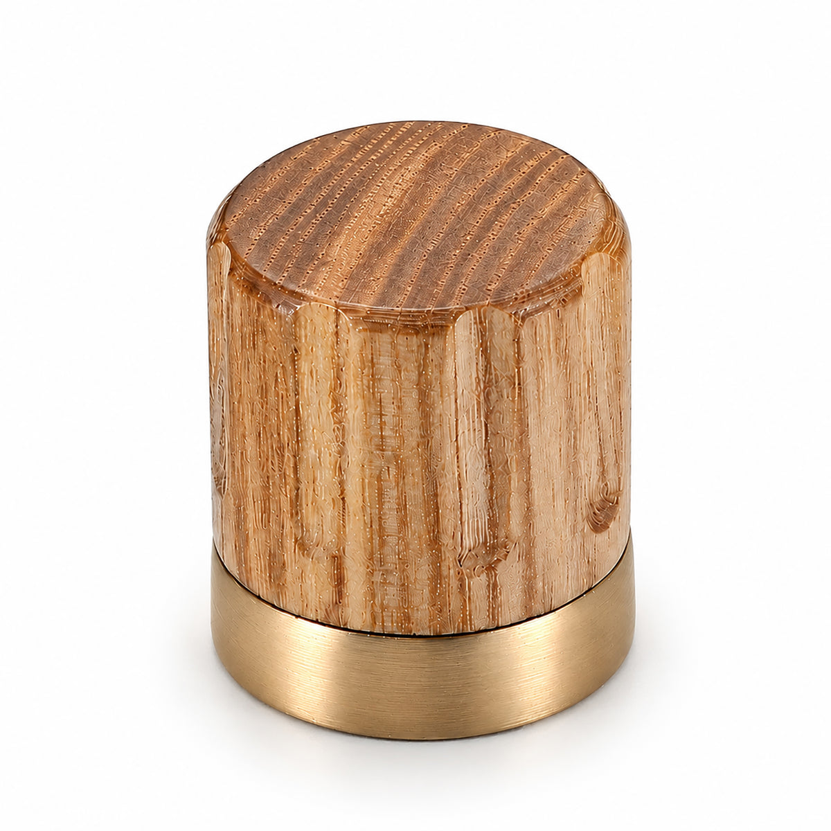 Oak wood barrel cabinet knob with brass base, style #1.