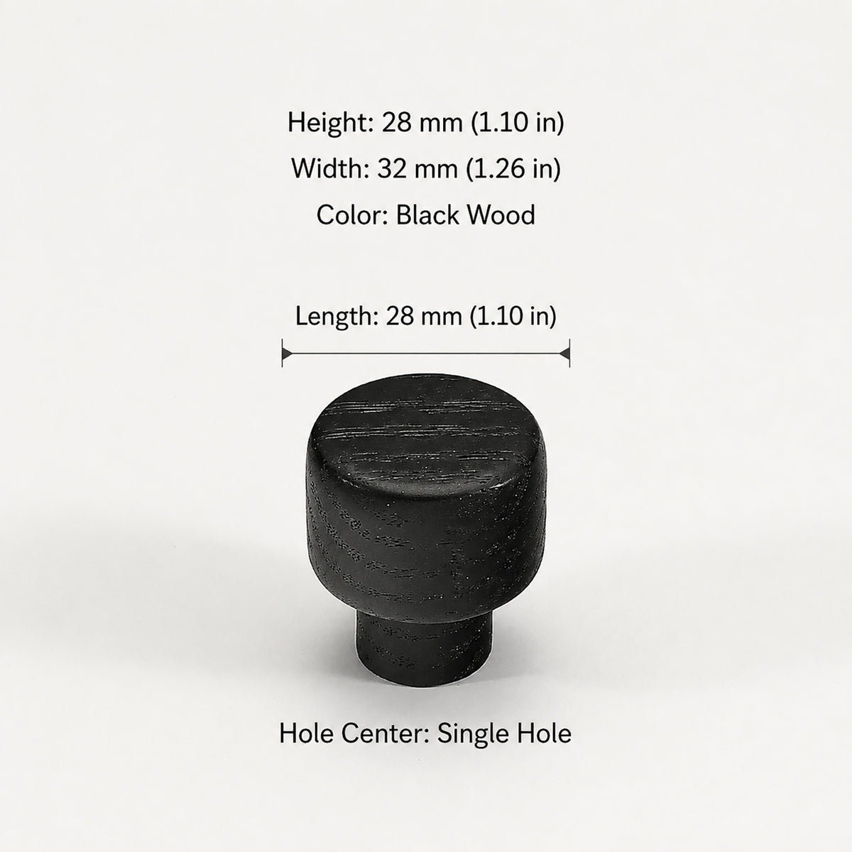 Dimensions of round black-finish oak wood cabinet knob, style #1.