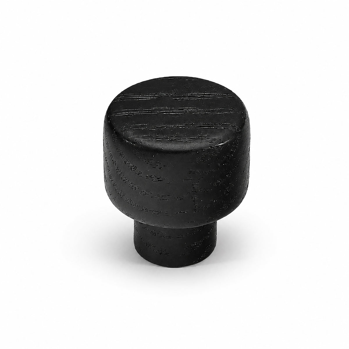 Round black-finish oak wood cabinet knob, style #1.