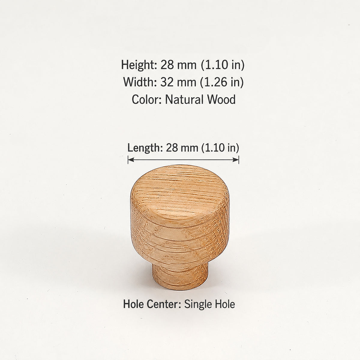 Dimensions of round oak wood cabinet knob, style #1.