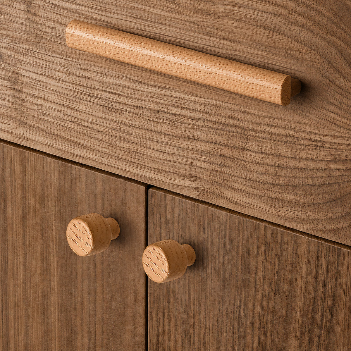 Round oak wood cabinet knob, style #1 fitted to cabinetry.