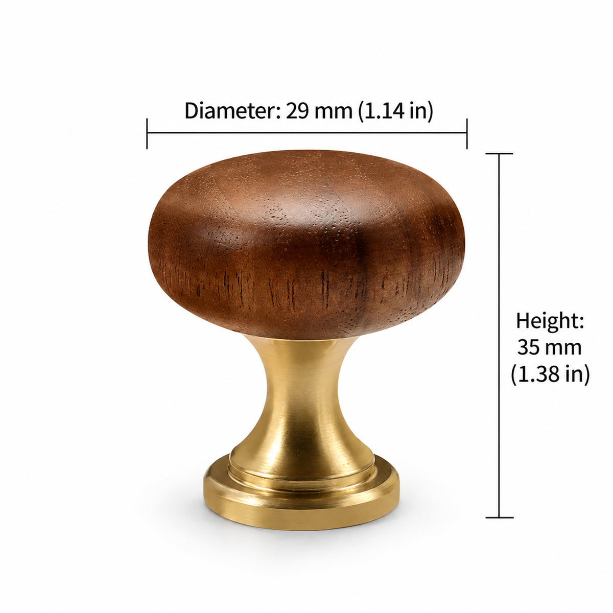 Measurements for dark wood mushroom cabinet knob on a brass pedestal, style #1.