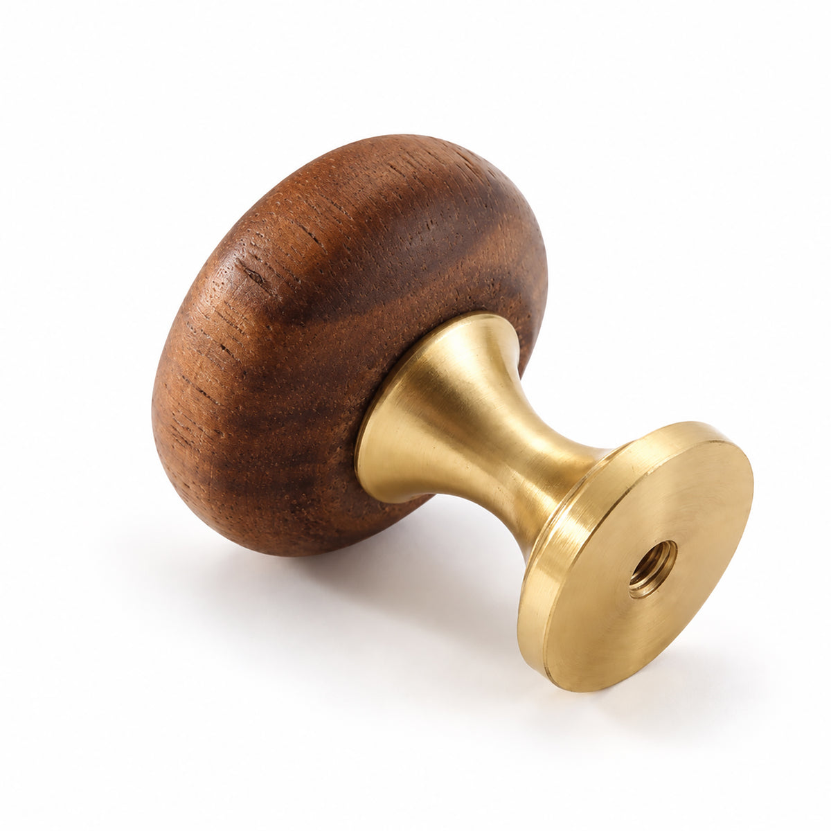 Side and mounting view of dark wood mushroom cabinet knob on a brass pedestal, style #1.