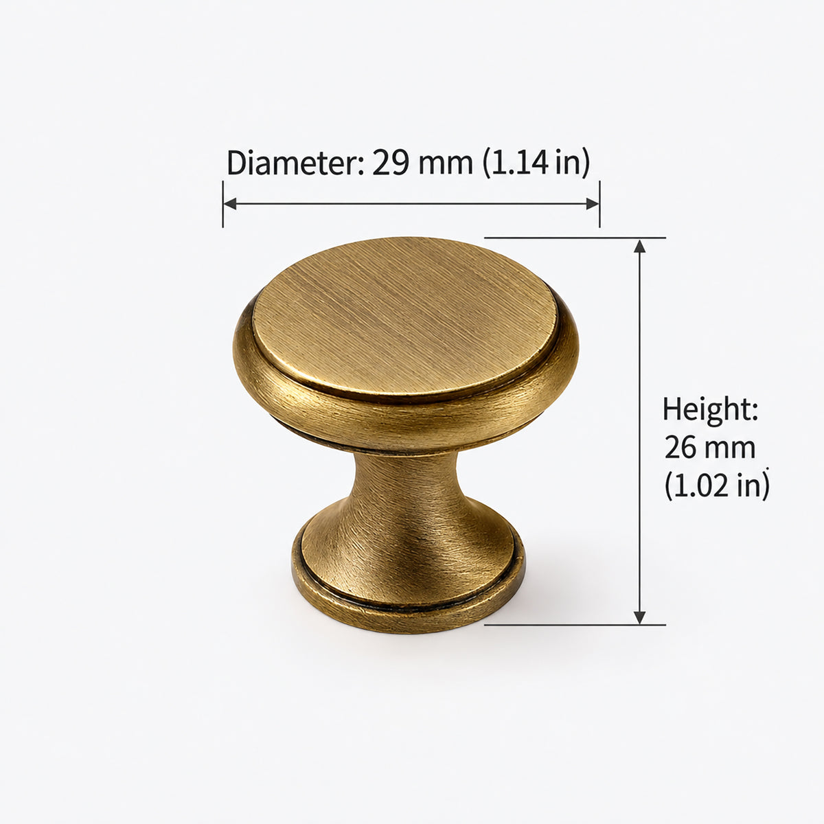 Measurements for layered round brass cabinet knob with brushed bronze finish, style #1.