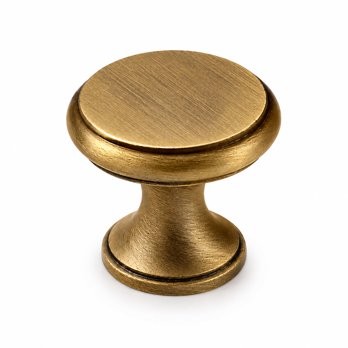 Layered round brass cabinet knob with brushed bronze finish, style #1.