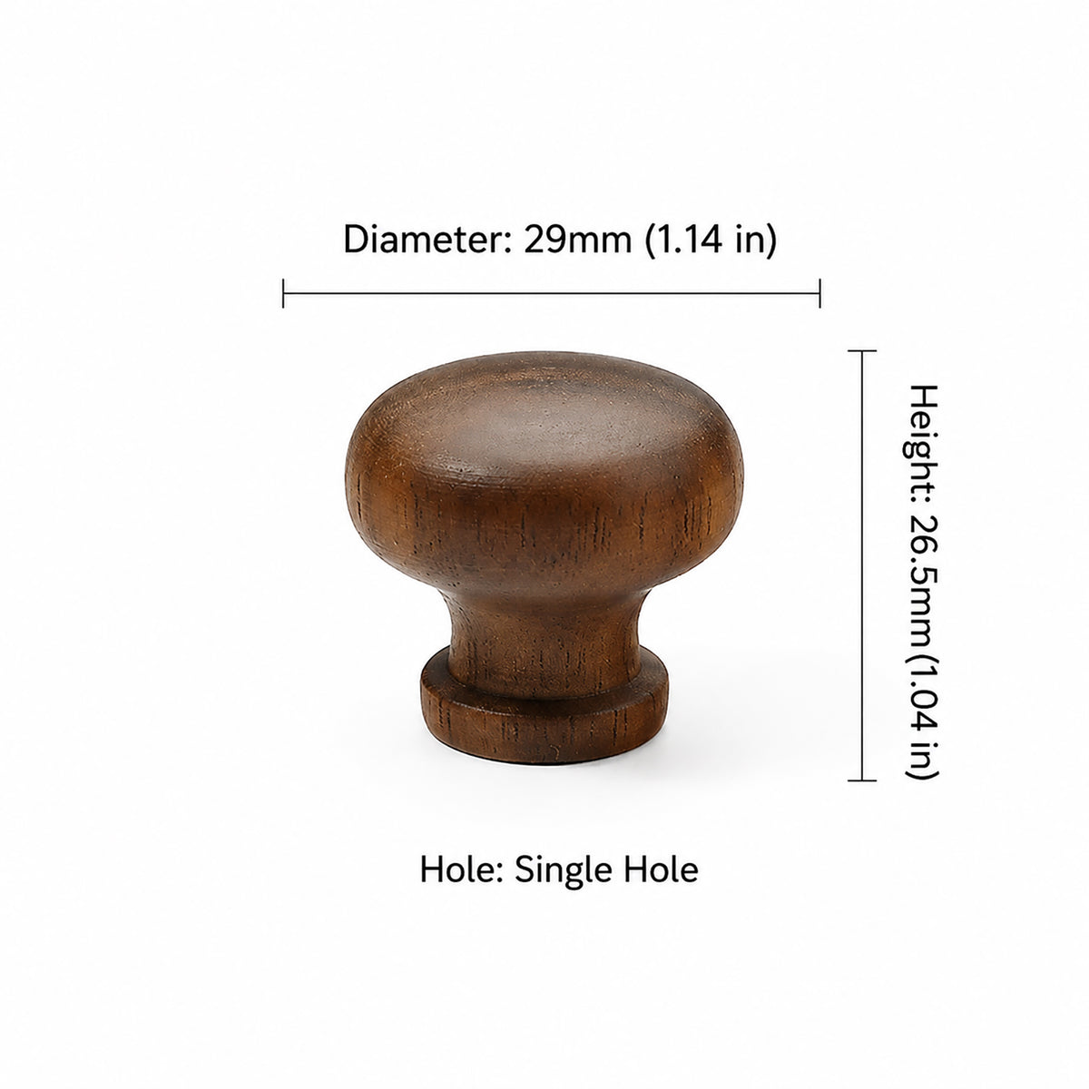 Measurements for dark wood mushroom cabinet knob with a rounded top, style #1.