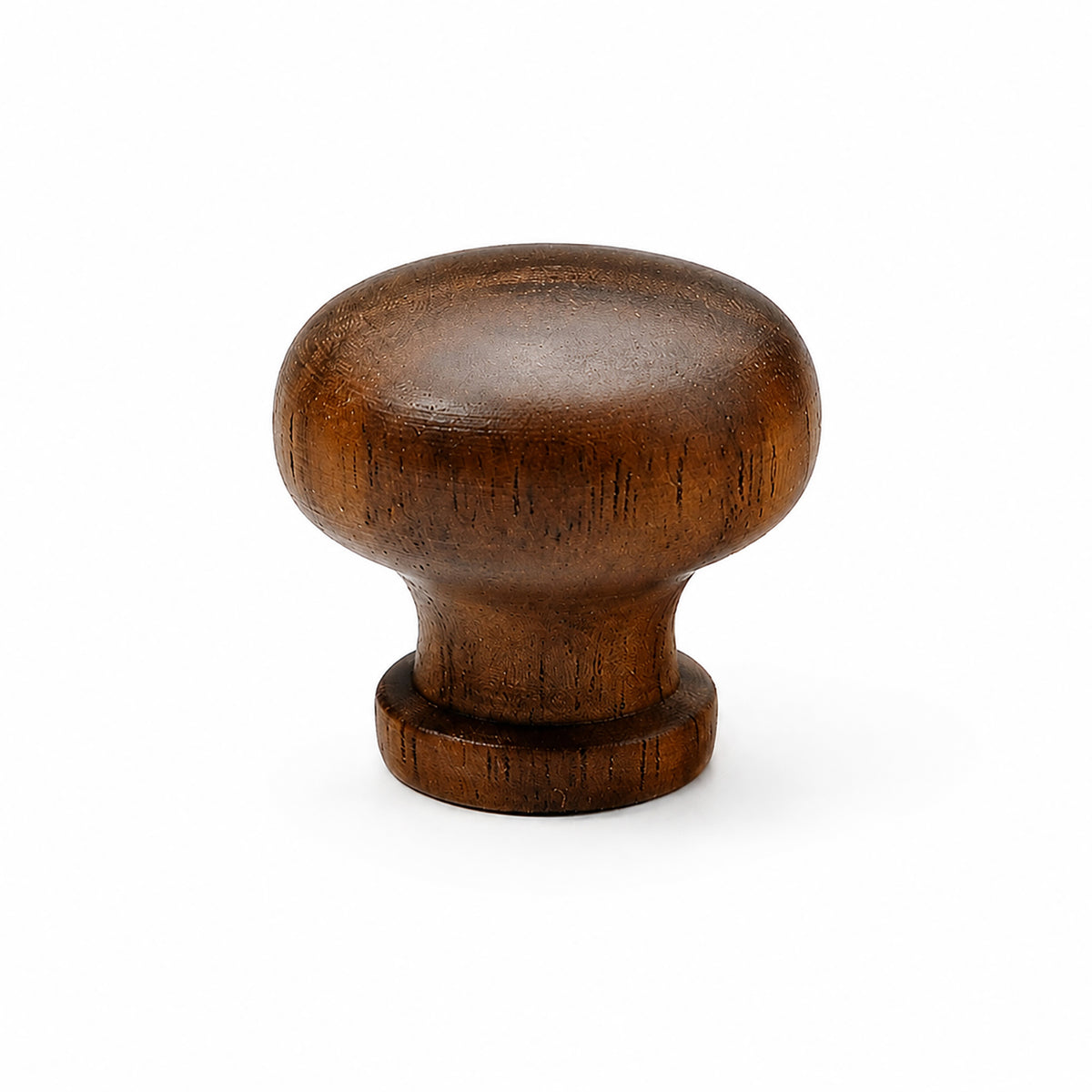 Dark wood mushroom cabinet knob with a rounded top, style #1.