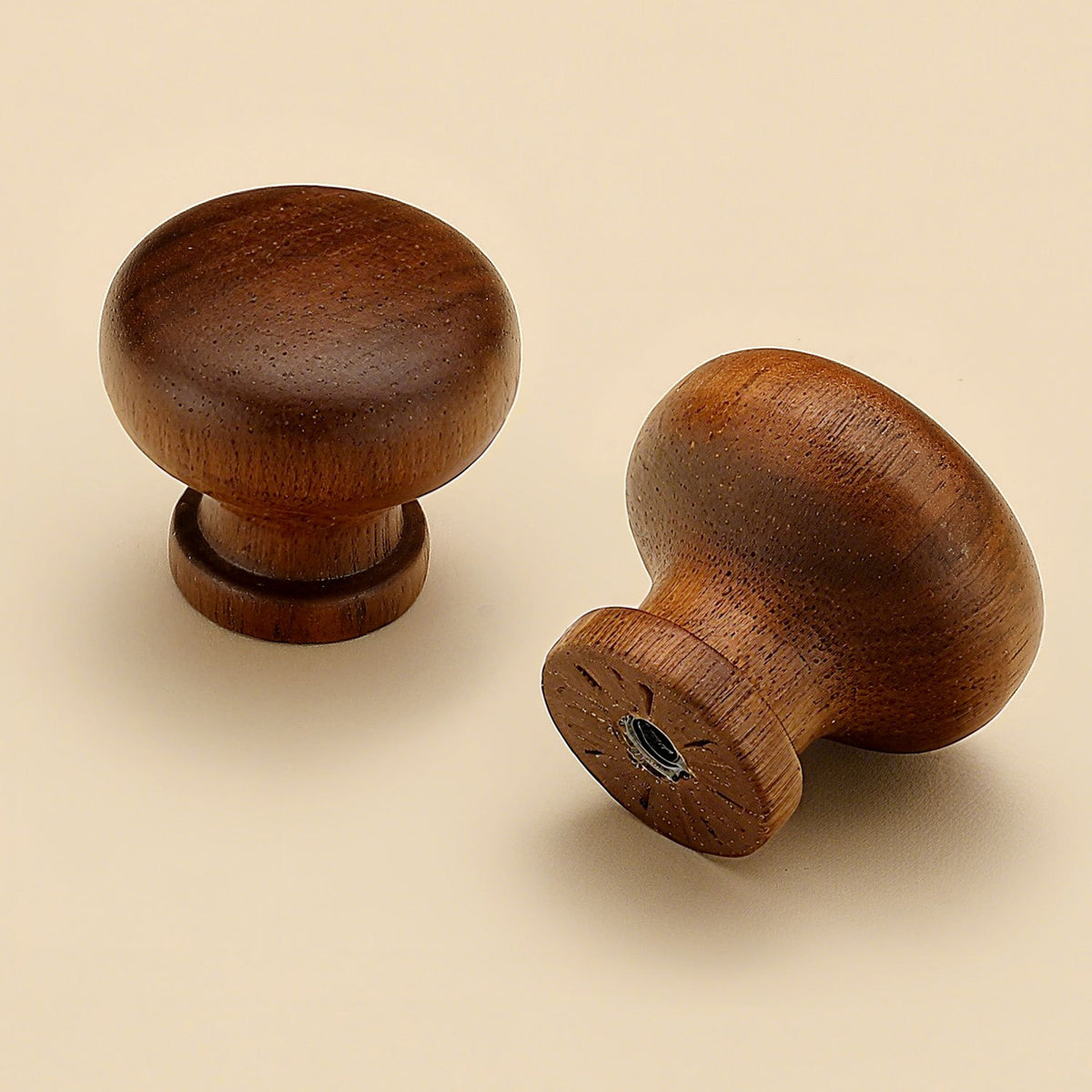 Side and mounting view of dark wood mushroom cabinet knob with a rounded top, style #1.