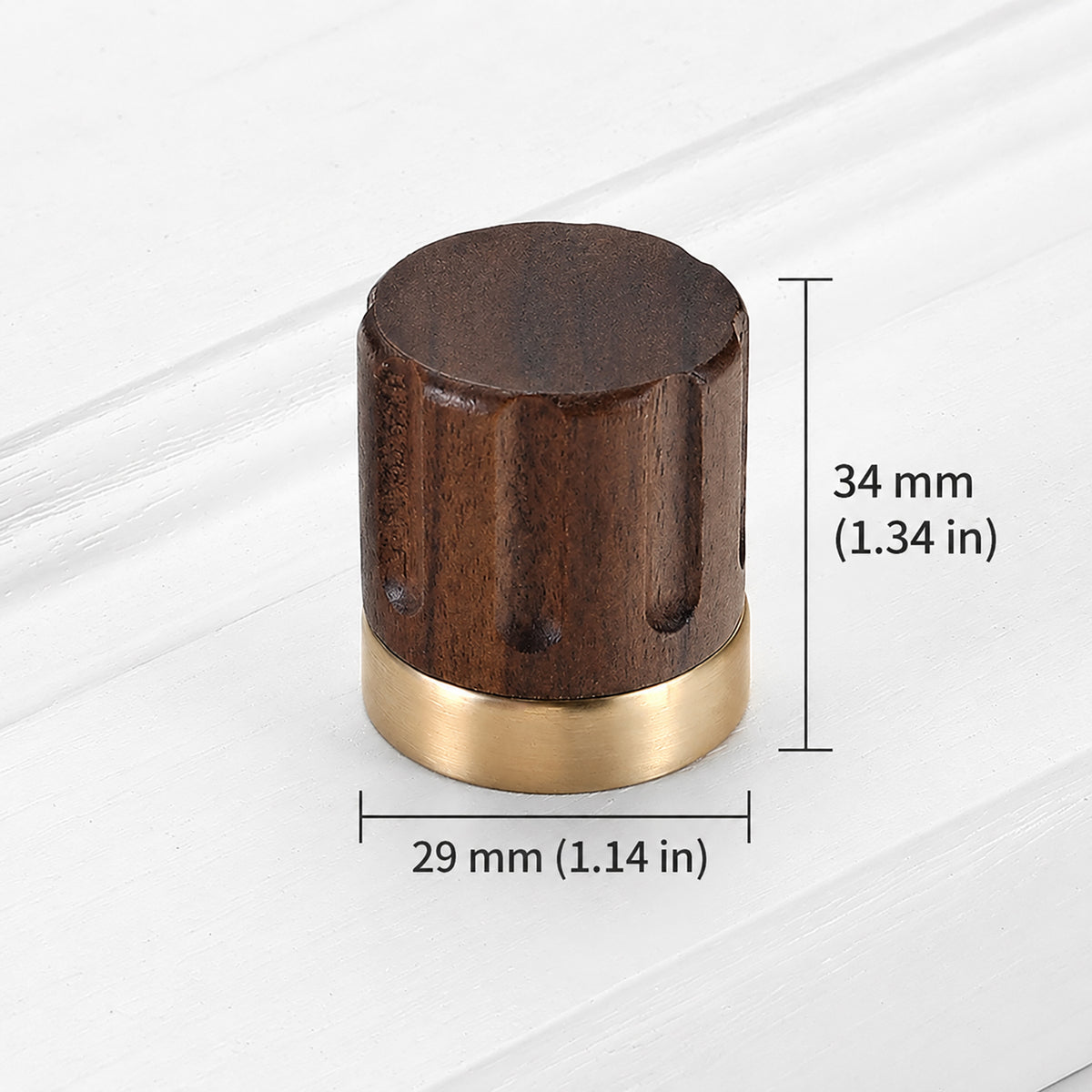 Measurements for walnut wood barrel cabinet knob with brass base, style #1.