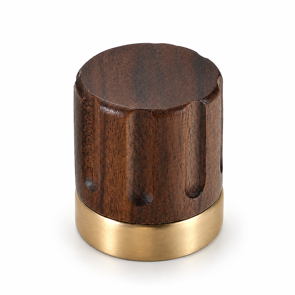 Walnut wood barrel cabinet knob with brass base, style #1.