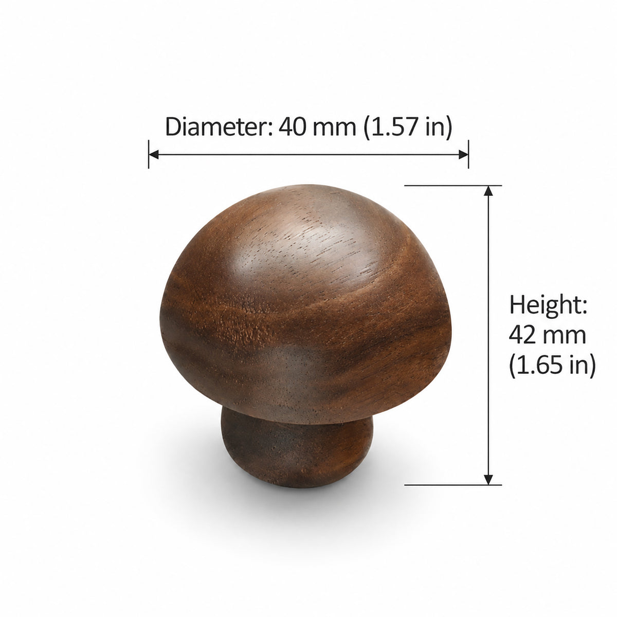 Measurements and mounting details for rounded walnut wood cabinet knob, style #1 (40 mm diameter).