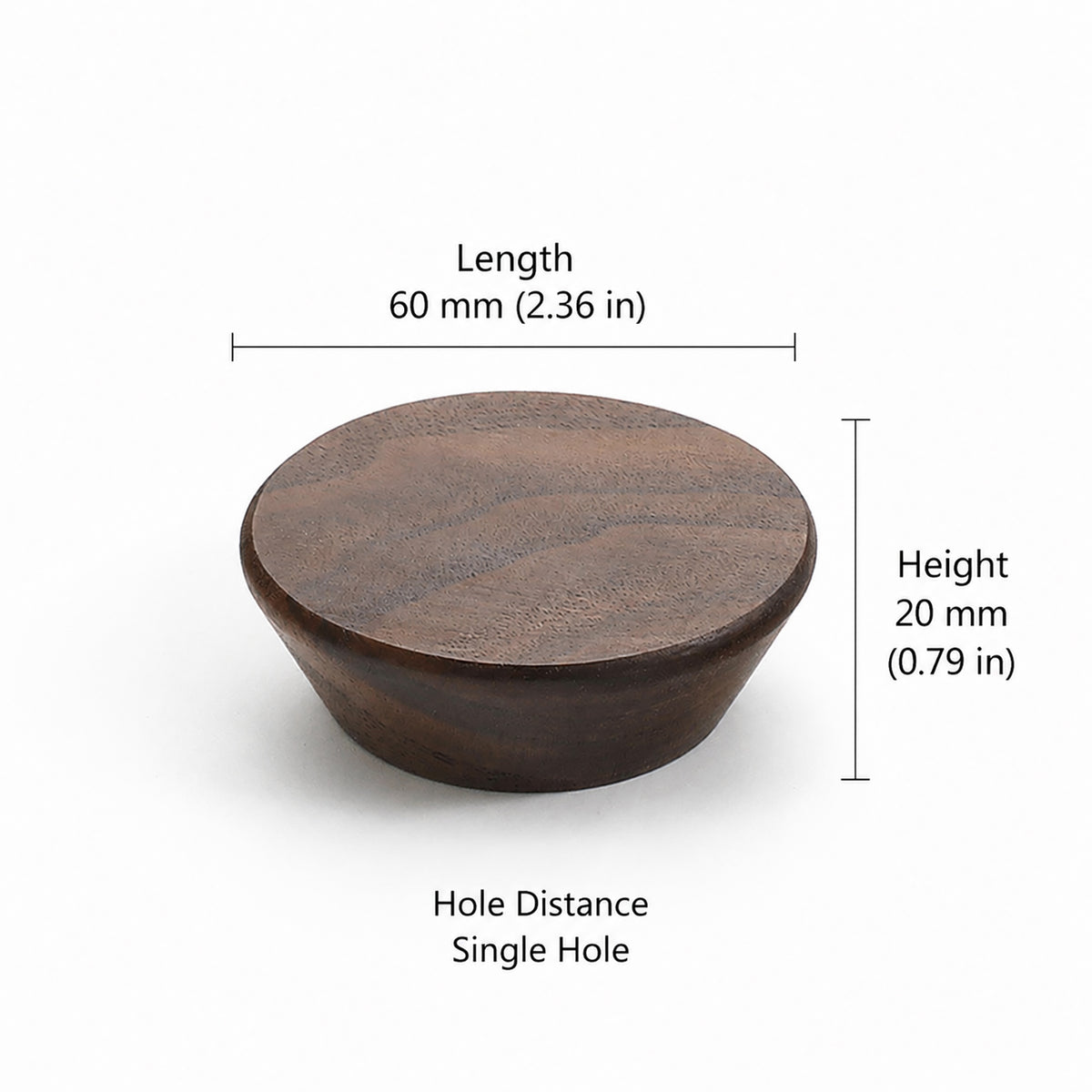 Measurements for low-profile round walnut cabinet knob, style #1.