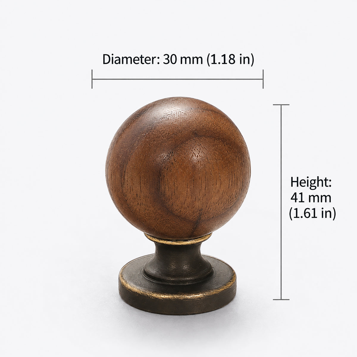 Measurements for dark wood ball cabinet knob with antique bronze brass base, style #10 (30 mm).
