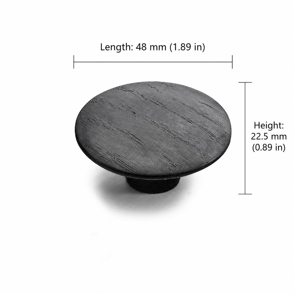 Measurements and mounting details for black oak oval cabinet knob, style #10 (48 mm wide).