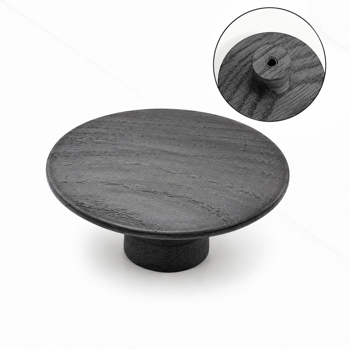 Side and underside mounting view of a black oak oval cabinet knob.