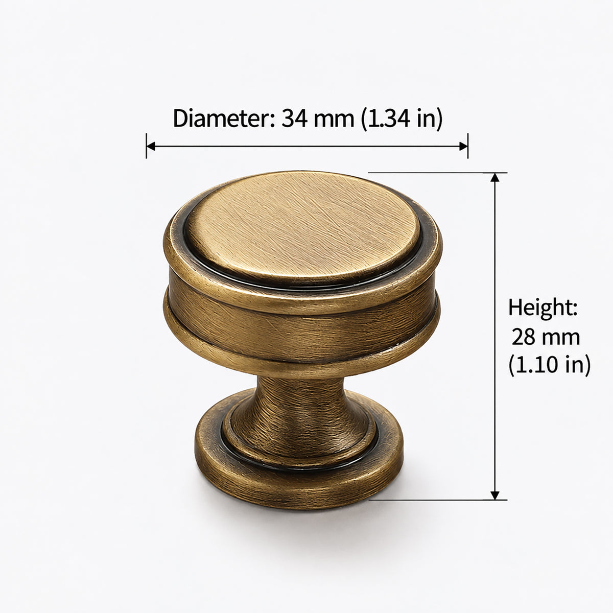 Measurements for layered round brass cabinet knob with brushed bronze finish, style #10.
