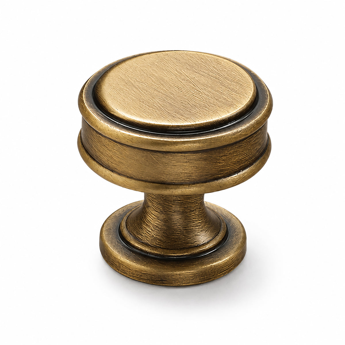 Layered round brass cabinet knob with brushed bronze finish, style #10.