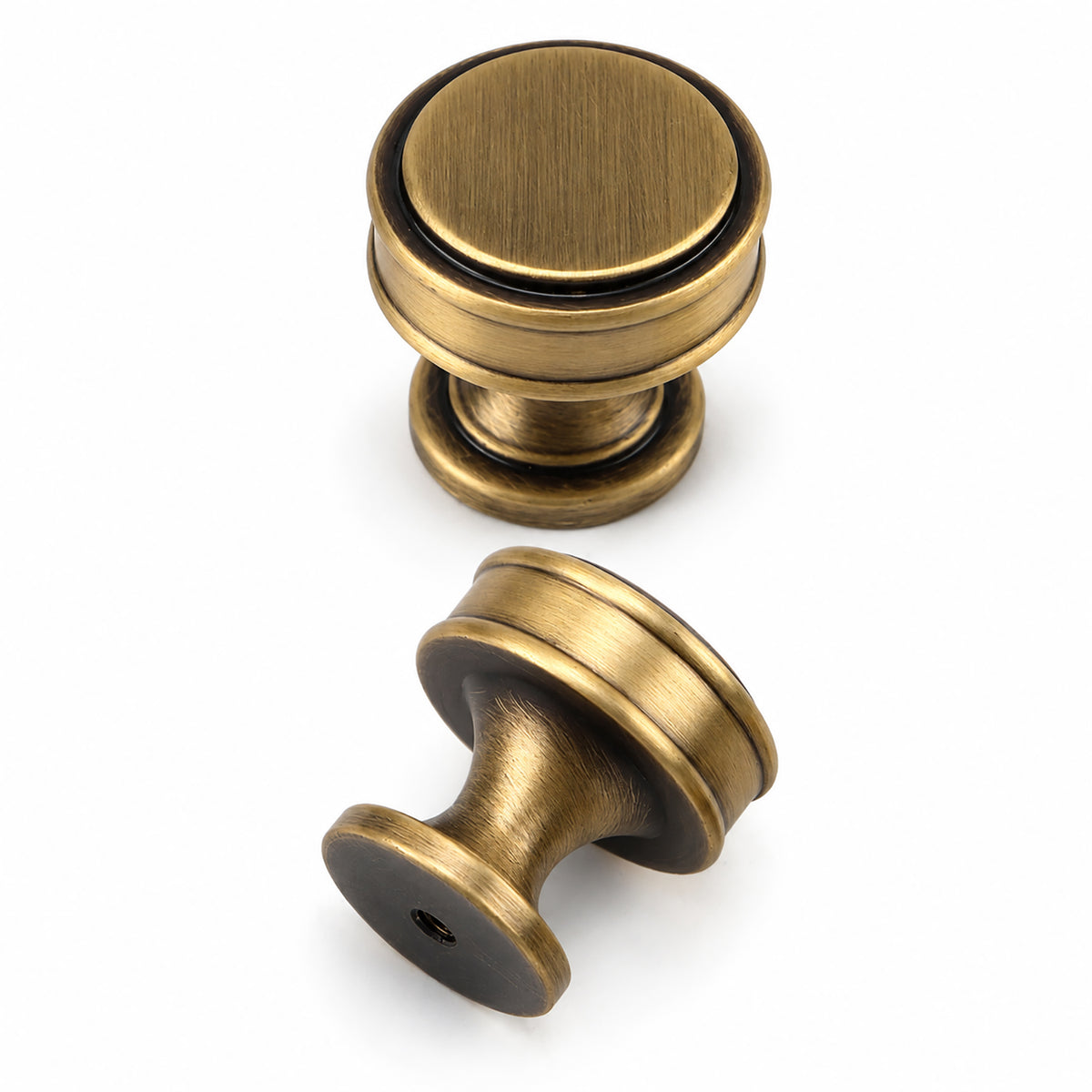 Additional view of layered round brass cabinet knob with brushed bronze finish, style #10.