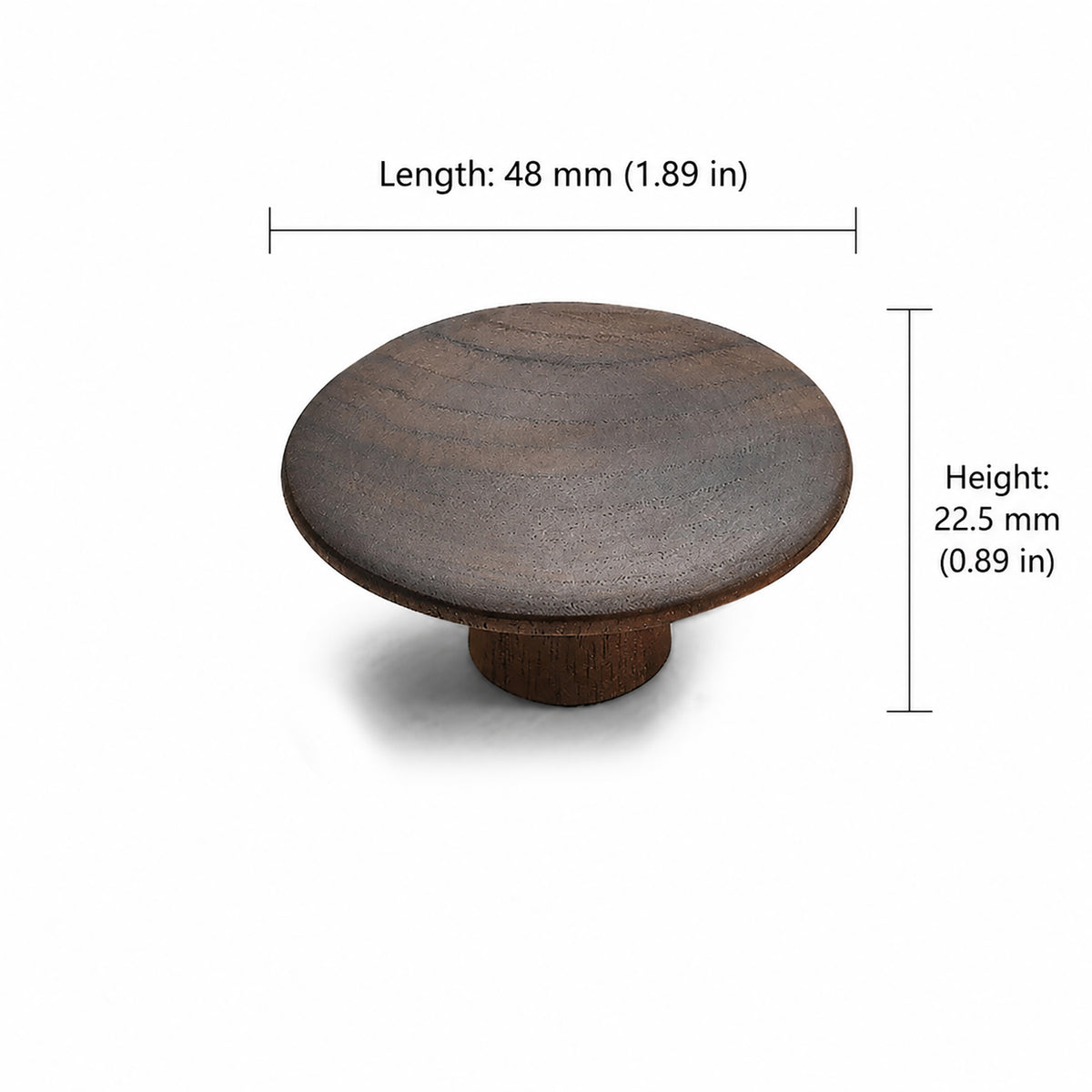 Measurements for wide round walnut cabinet knob, style #10.