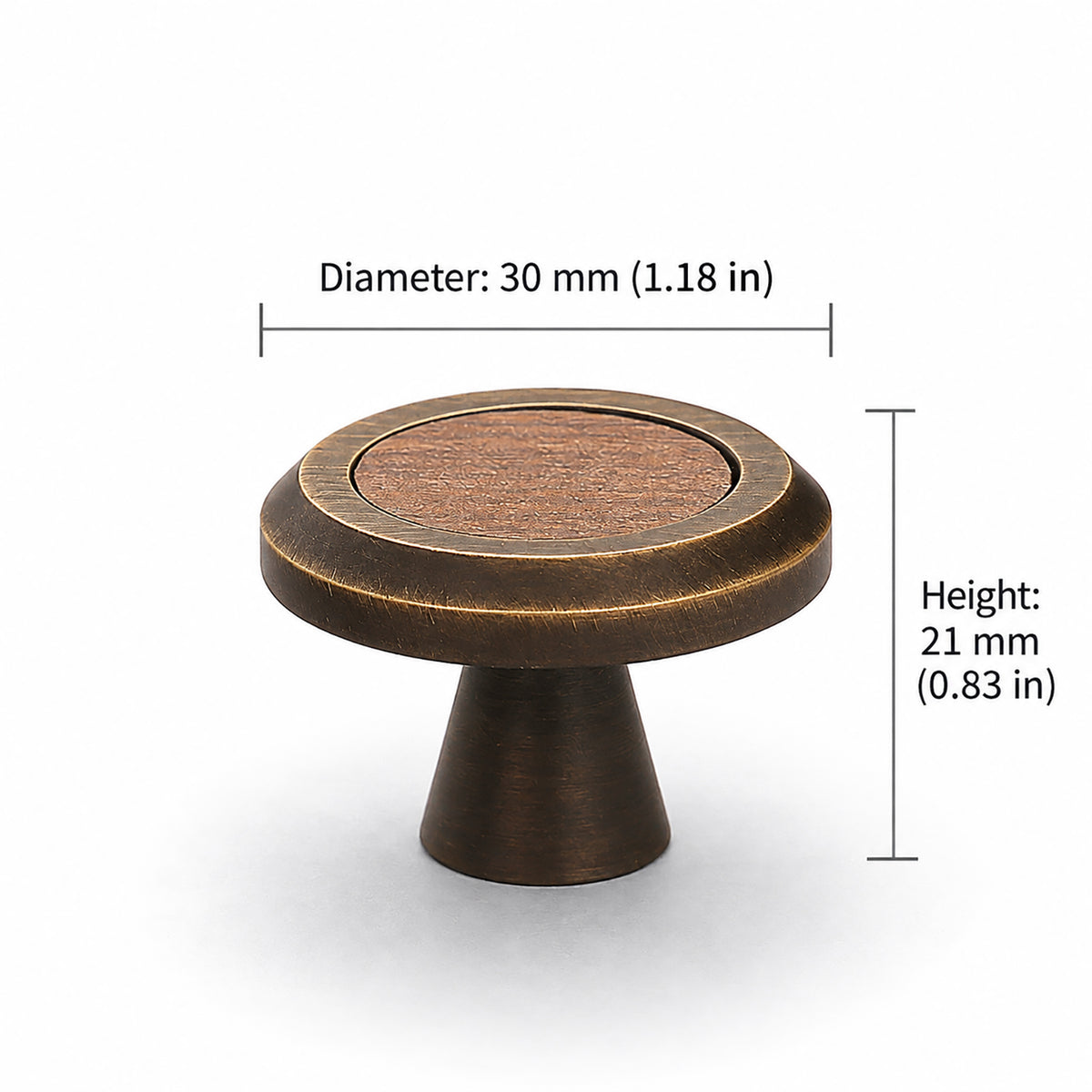 Measurements for round antique bronze brass cabinet knob with dark wood inset, style #12.